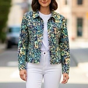 Liz Claiborne Denim Jacket Blue Floral LP Retro Vacation Classic Trucker Office